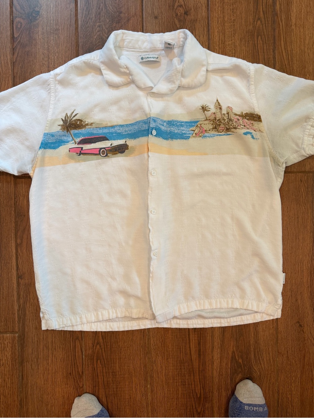 Cubavera White viscose Short Sleeve Beach Print Button-Down Shirt / men’s xl
